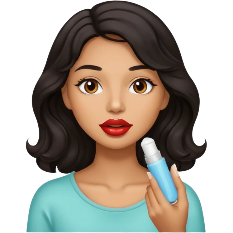 A gorgeous with black wavy hair women applying lipbalm on her brown lips emoji