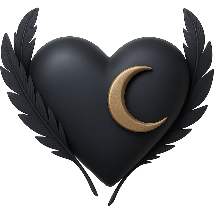 gothic heart in 3D black style, midnight blue satin texture, silver crescent moon, feather accents, moody and rich emoji