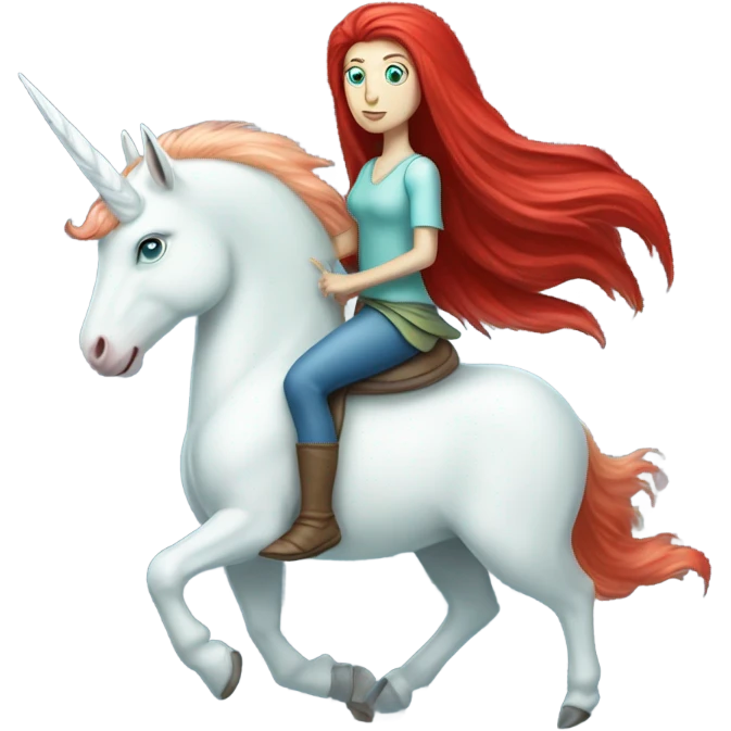 [
	{ a light green Amazon alien woman [ with red hair, with blue eyes]} 
	on a 
	[{ unicorn:[white, four-legged, light blue mane}]]] emoji
