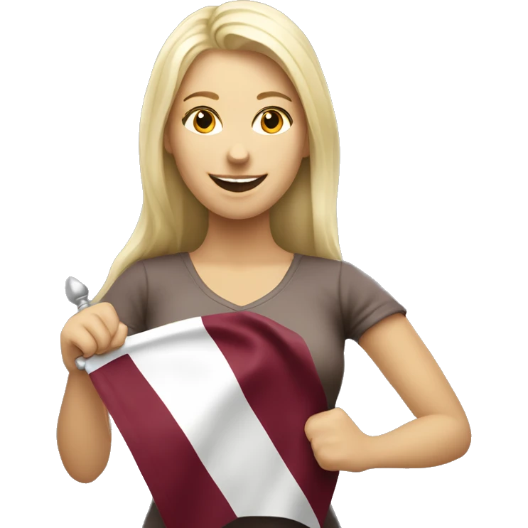 Happy blonde woman with a flag of Latvia in hands emoji