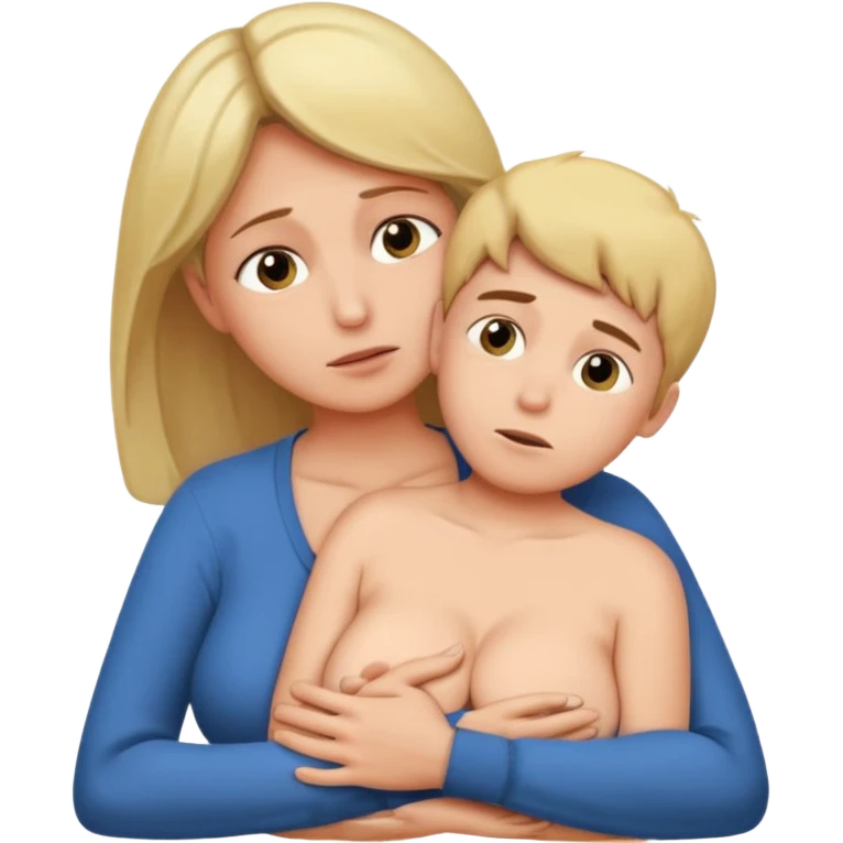 A boy rests his face against his mother's large breasts, face first directly against her chest.   emoji