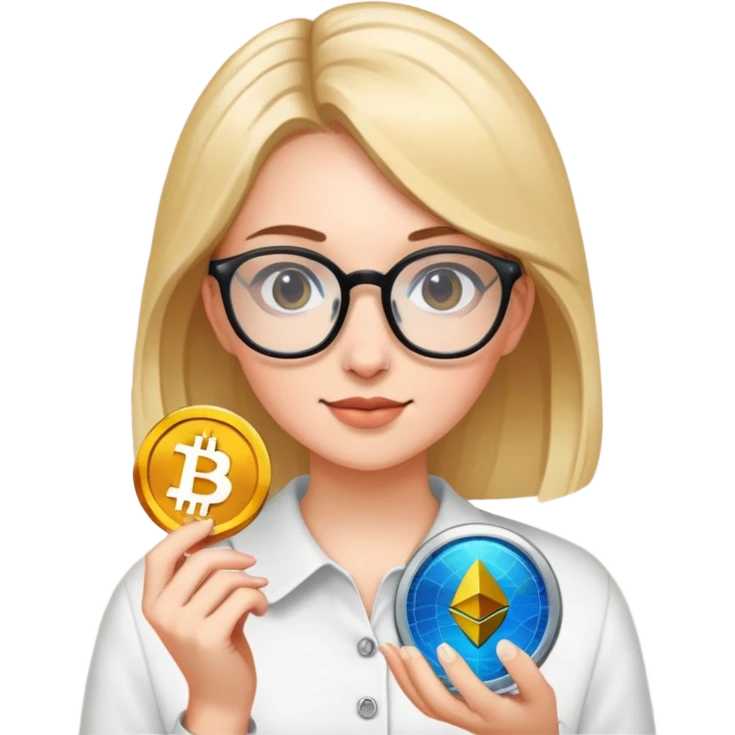 A girls with glasses holding crypto  emoji
