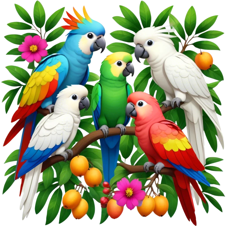 Close-up collage of vibrant Ara parrots and Inca cockatoos sitting on tree branches, surrounded by lush greenery. Bright colors of the birds stand out against a natural, sunny background of trees, flowers and fruits. Transparent background. emoji