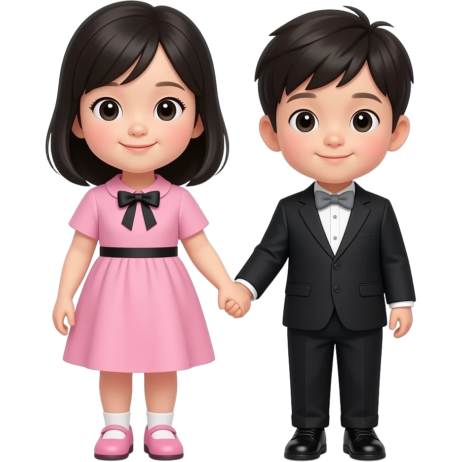 한국인 남매(7세 누나와 3세 남동생)가 손잡고 정면을 바라보고있어. 누나키가 훨씬 크지둘다 상꺼풀이 없고, 누나는 분홍 원피스에 검정리본이 장식되어 있는 원피스를 입고 분홍구두를 신고있어. 머리는 검정색 가슴기장으로 묶지 않고 있어. 오른쪽 남동생은 검정 정장을 입고 회색 나비넥타이를 매고 있고 검정 구두를 신고 있어. emoji
