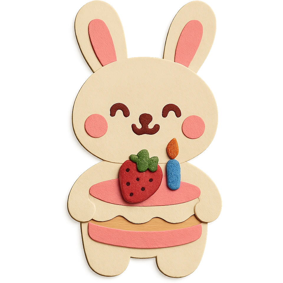 Give the bunny smiley eyes to match its happy expression, keep the improved strawberry and one candle on the cake emoji