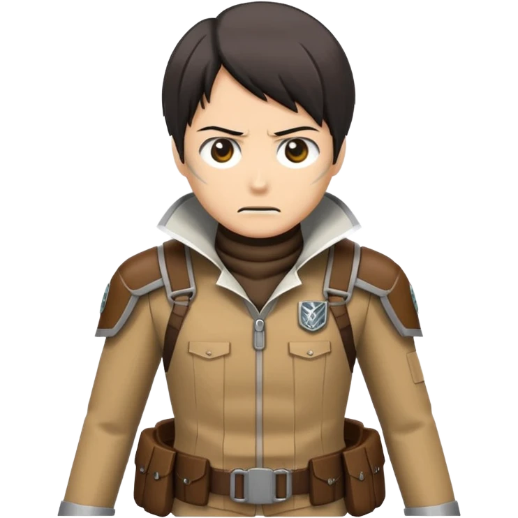 emoji-style illustration of Attack on Titan suit with flared collar, harnesses, simplified maneuvering gear, muted color palette browns blacks grays, ready and focused facial expression, compact and clear for emoji use emoji
