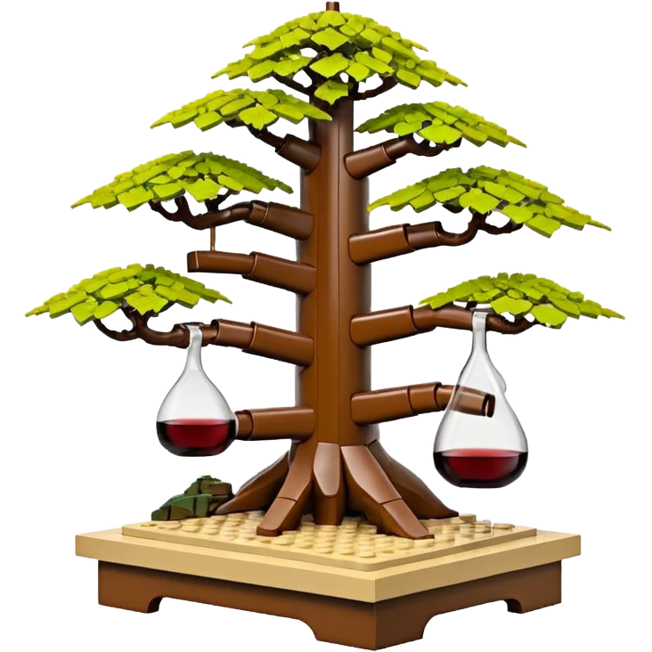 Wide Three 7-tiered Lego bonsai stand, shelving nine maple specimens and several smaller weeping wine maples frame made of oaken palette wood  emoji