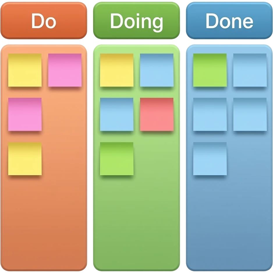 Kanban board with the columns do, doing and done. Each column has different colors and post-its on them. emoji