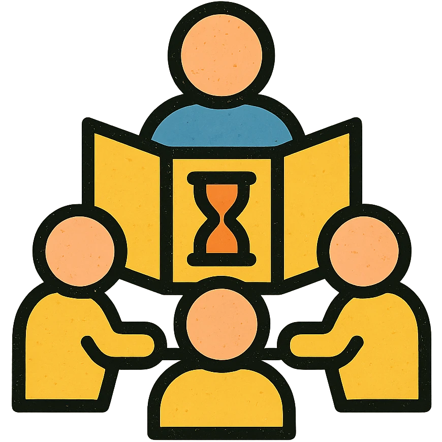 minimalist icon of players and a game master collaborating around a table or DM screen, with a clock or hourglass representing a multi-day marathon, worn and distressed look emoji