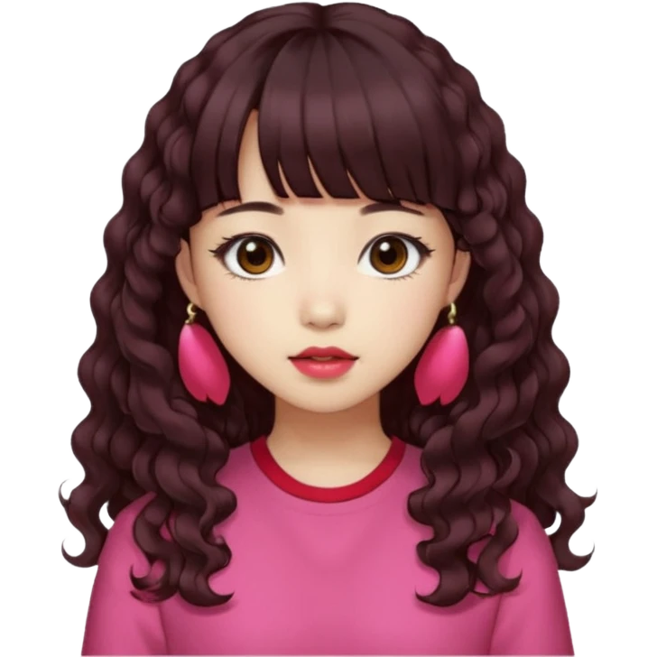 Korean girl, red top, black brown hair, brown eyes, long curly hair, aesthetic, long hair, hime cut, blunt bangs, pink lip, Cool girl emoji