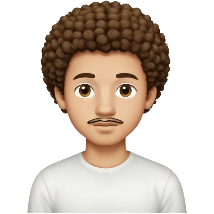 17 year old light-skinned boy with slightly brown smaller eyes, small mustache above lip, very curly hair like a small afro with cut sides, one single curl like an antenna falling on forehead, wearing a tight white shirt emoji