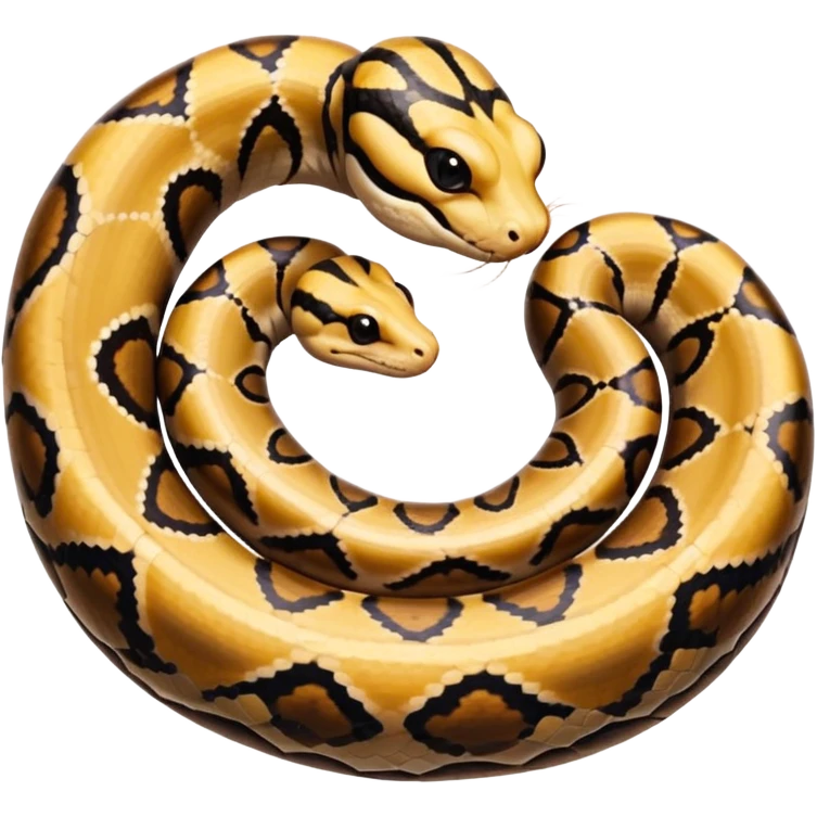 A photo-realistic top-down view of a Ball Python gently coiled into a tight spiral, with its head resting peacefully at the center. Its scales are warm brown with bold, irregular black markings, including the distinctive “alien-head” pattern, flowing smoothly along its body.  emoji