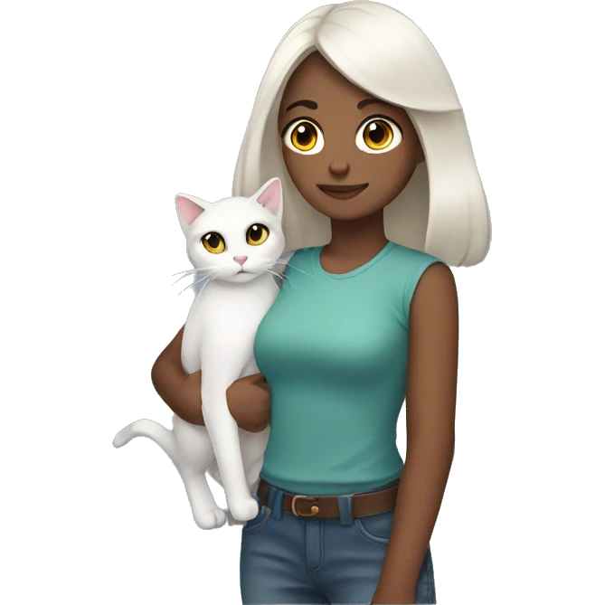 A girl with shoulder length dark hair and a white cat on her shoulder emoji