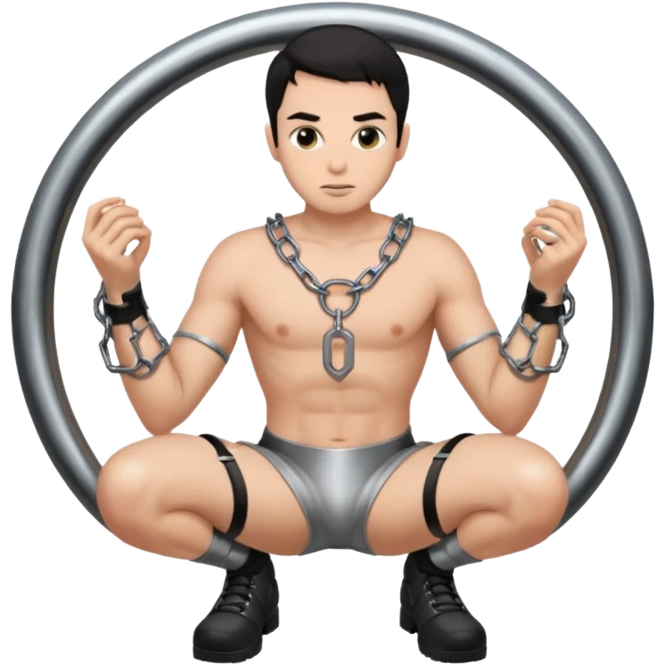 Submissive dark haired man on his knees wearing a chastity cage on his little penis emoji