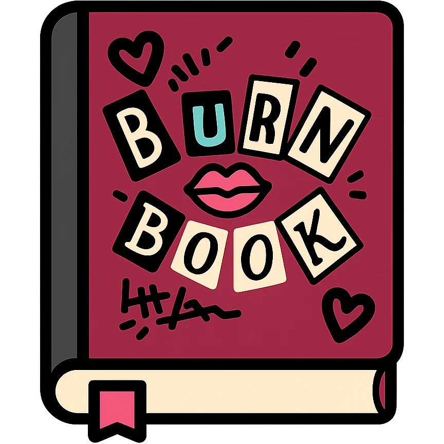 stylized icon of a Mean Girls burn book, burgundy color, with cut-out letters and doodles emoji