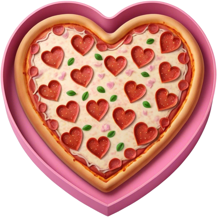 Realistic heart shaped pizza sitting flat in a open pink pizza box. emoji