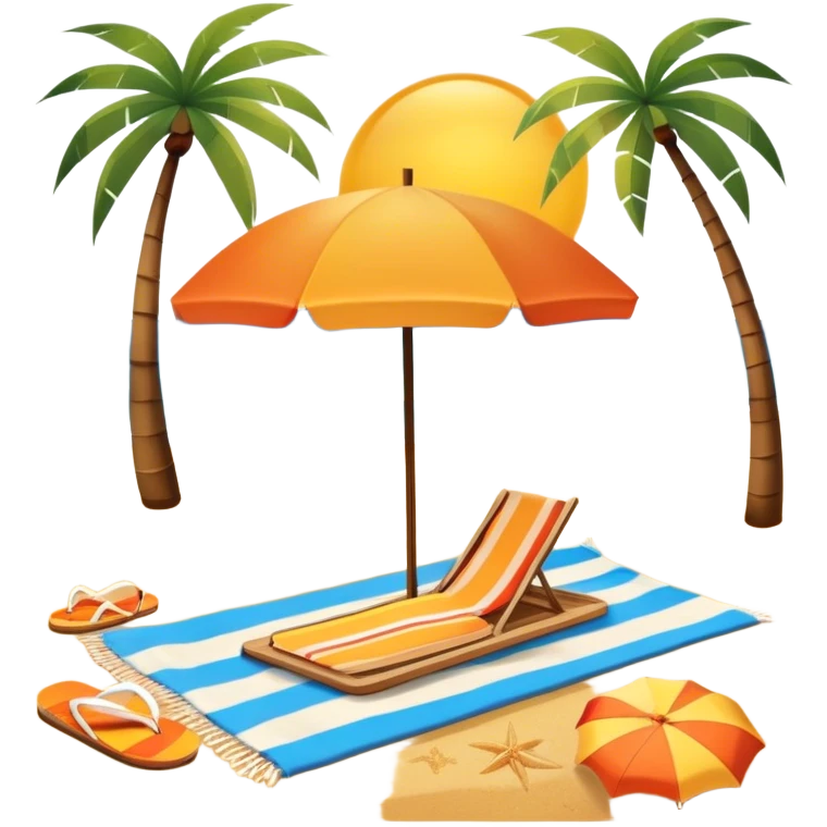 Icon for Beach Tourism: with the blue ocean, orange sunset, yellow sand beach and palm trees in the background, a sun umbrella, flip-flops, and a beach towel on the sand. The icon should represent relaxation and fun at the beach. Transparent background emoji