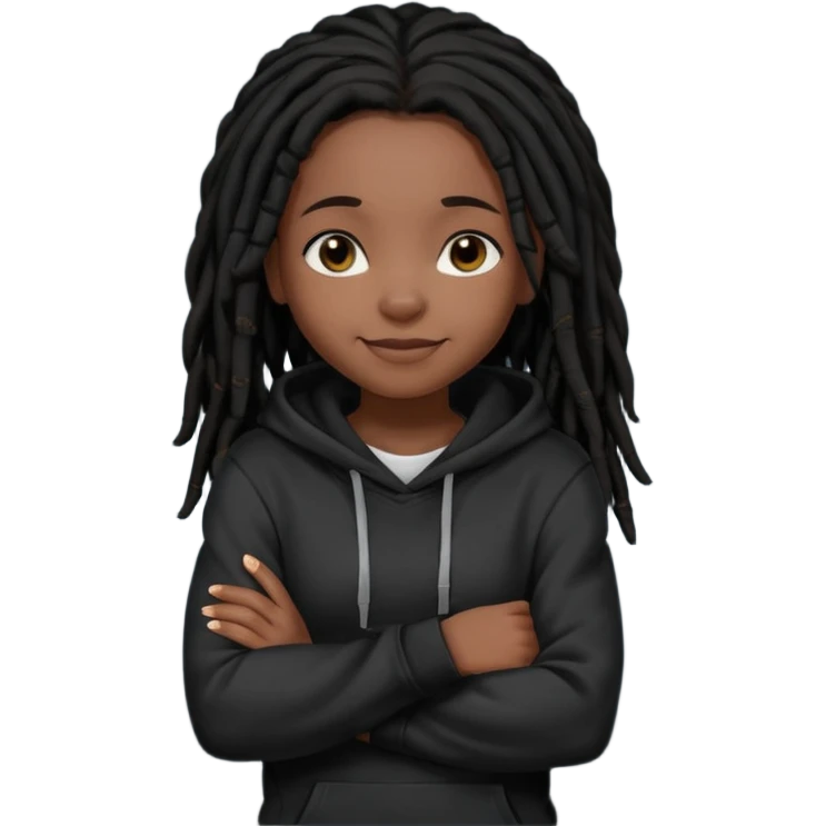 African American girl with black dreadlocks wearing a plain black hoodie with her arms folded across her chest emoji