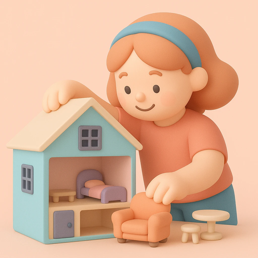 smiling girl arranging furniture in doll house emoji