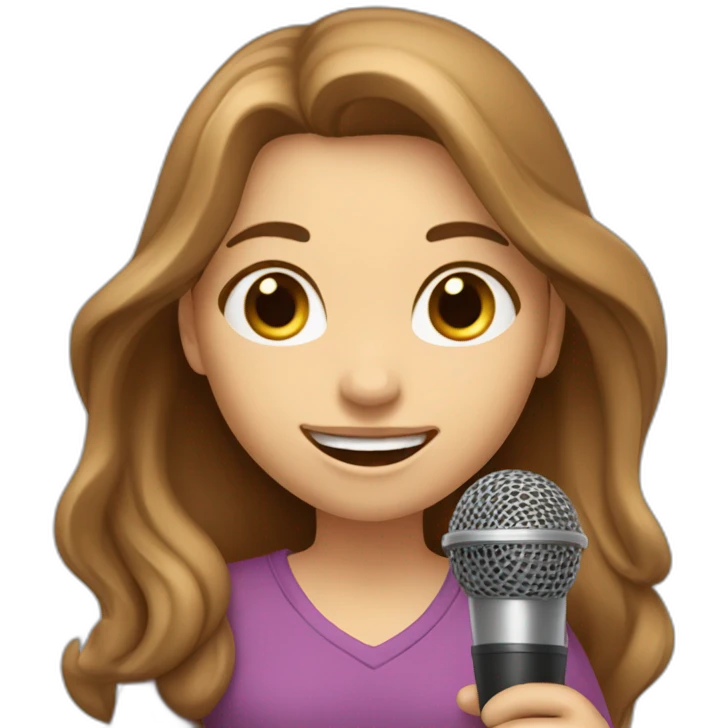Caucasian girl with long Brown hair holding a michophone singing happy emoji