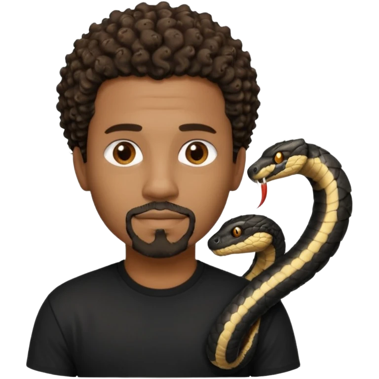 Homme couleur de peau noir, yeux marron avec un bouc que le menton, cheveux court et bouclé crépus avec dégradé sur le côté, avec un cobra à côté , t-shirt noir  emoji