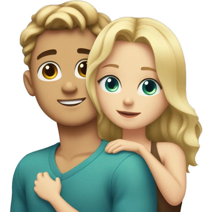 A 22-year-old plump boy, blue-green eyes, short brown hair hugs a girl with long wavy blond hair, blue-eyed emoji