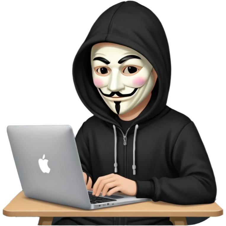 guy fawkes mask black hoodie typing on macbook emoji