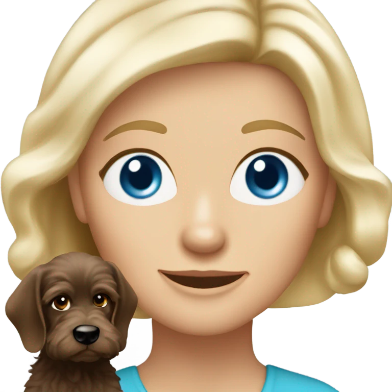 62 year Old blue eyed blonde lady with long straight hair with dark brown Cockapoo puppy dog emoji