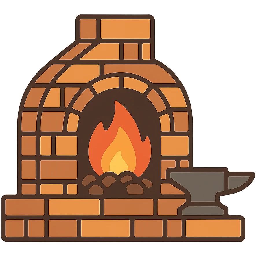 flat toon style forge with fire and bricks, simple shapes emoji