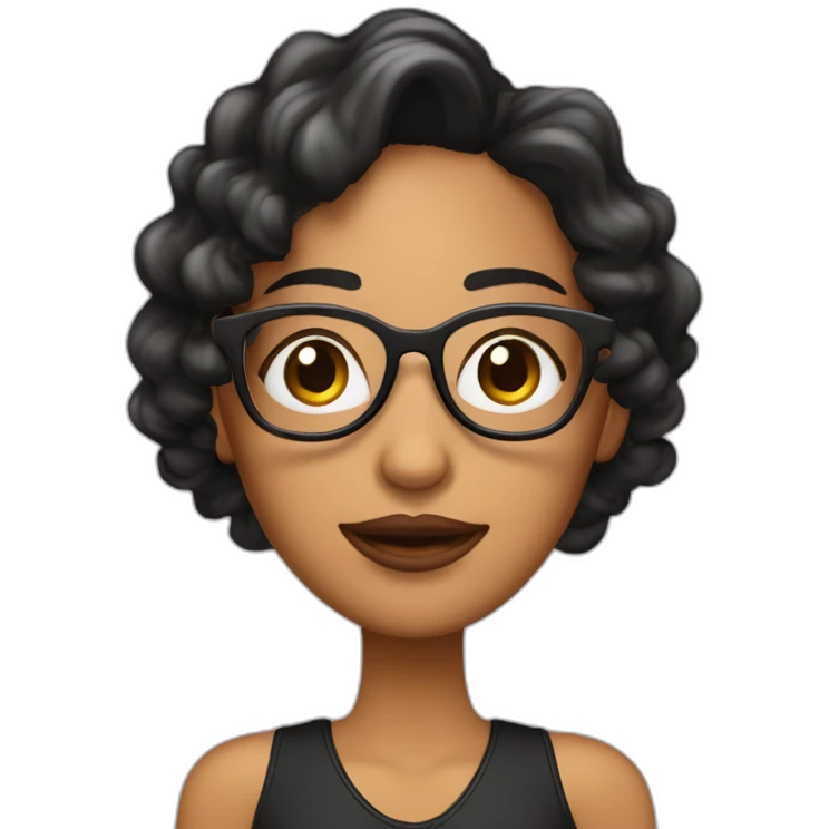 Chica con cabello rizado largo color castaño, piel clara y que use lentes rosa palo y sus ojos medianos color negro   emoji