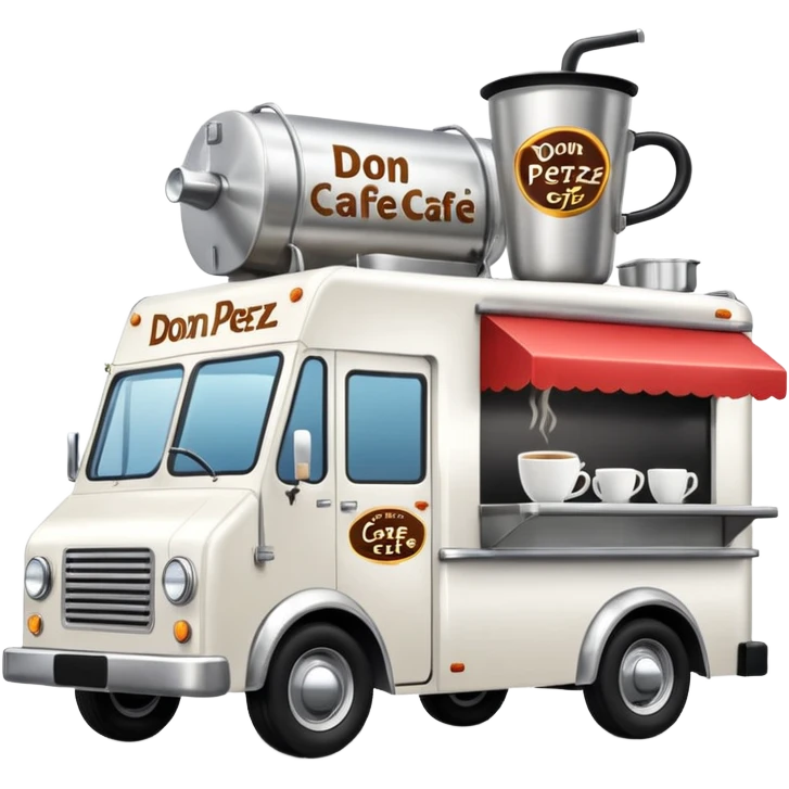white coffee truck with don perez cafe sign emoji