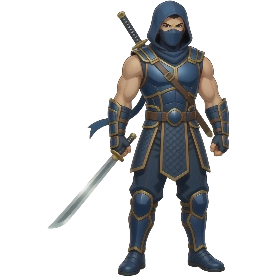 Anime Ninja all dark cyan with hood sleeveless cyan masks look superstrong and sword in back and ninja dark cyan pants and ninja boots very tall full body emoji