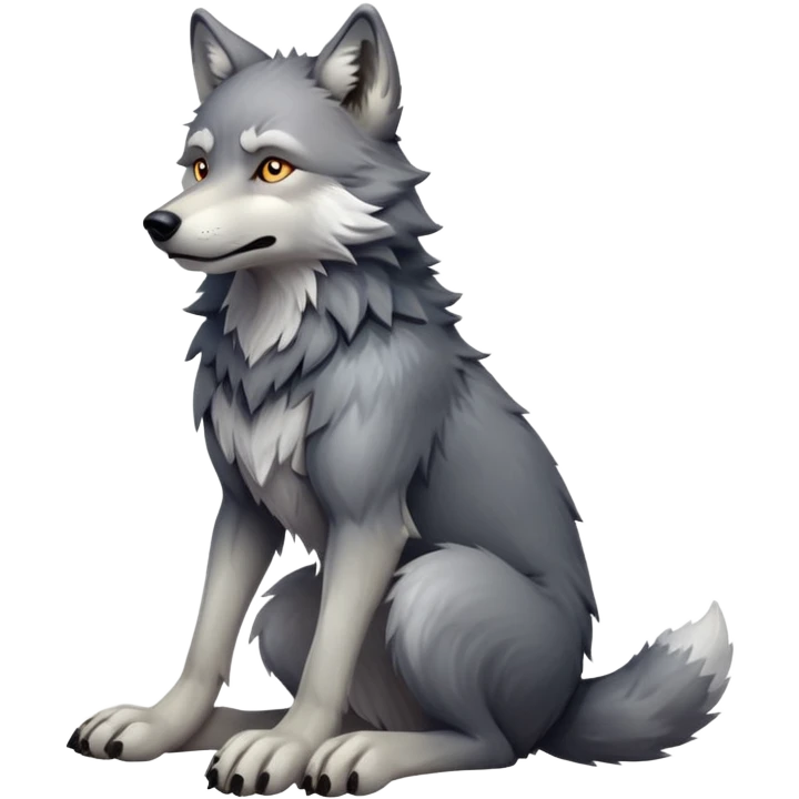 cinematic-[wolf]-realistic-full-body-sitting-emoji,-tail-resting-loosely-beside-its-paws,-head-tilted-dramatically, -scruffy-[grey]-fur,-simplified-yet-realistic-focused-features,-highly-detailed,-glowing-with-an-almost-sarcastic-glow emoji