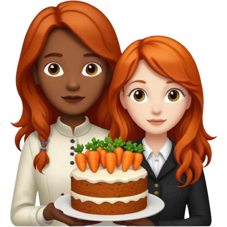 Redhead girl and black long haired guy with carrot cake emoji