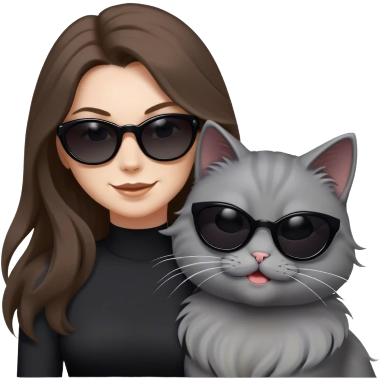White woman with long brown hair wearing dark sunglasses and a black dress. She is smirking. next to her is a fluffy light grey cat who is also wearing dark sunglasses. The wind is blowing their hair and they are having fun emoji