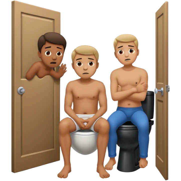 Man using the toilet while the other man is banging on the door begging holding it emoji