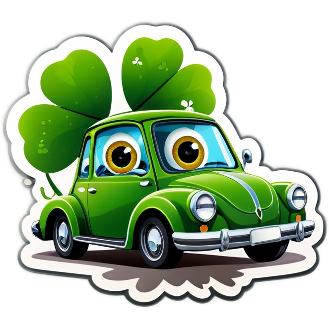 A 4 leaf clover with eyes driving a car emoji