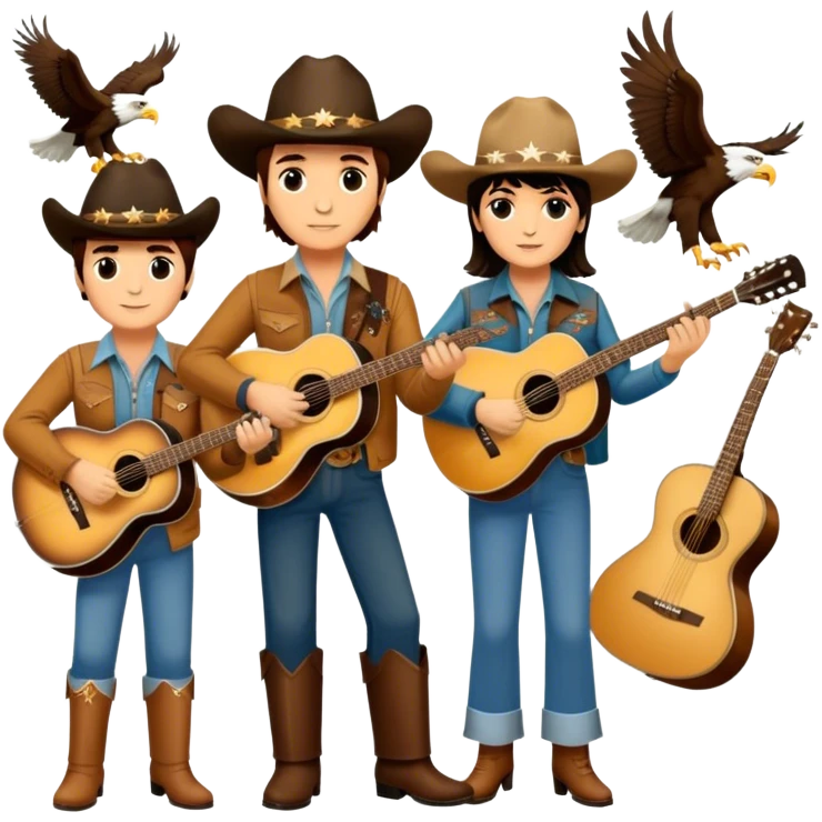 Icon for Country Music: A collage featuring Eagles as a band, Ricky Nelson, and Linda Ronstadt. Acoustic guitars, banjo, cowboy hats and a vintage Americana aesthetic evoke the spirit of classic country and country rock. Warm earthy tones. Transparent background. emoji