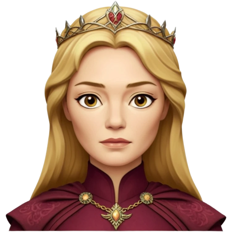 Cinematic Realistic Cersei Lannister Portrait, depicted with lifelike skin texture, subtle rosy undertones, and soft natural lighting that enhances the gentle contours of her face. Her intricately detailed golden blonde hair is elegantly styled , emoji