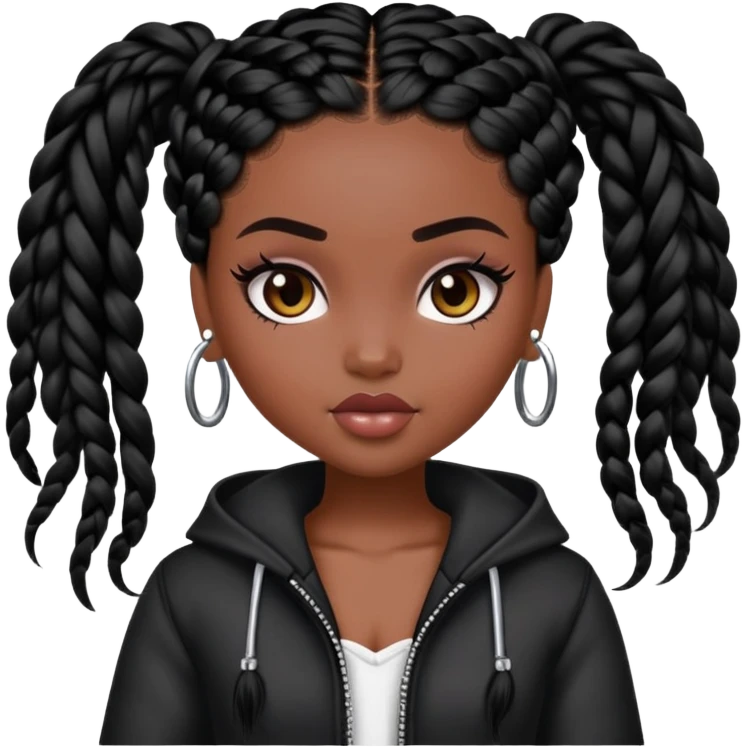 pretty bratz baddie, dark black skin, black braids hair (black people hair) emoji