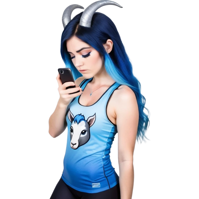 Disapponted-big tears-head back texting on phone-very very large upper body-sexy face-bending forward at waist-very long very straight dark blue to light blue ombre hair-and-blue eyes-thick black eyeliner-cute goat horns-iridescent blue lowcut tanktop with black leggings with glitter superman logo emoji