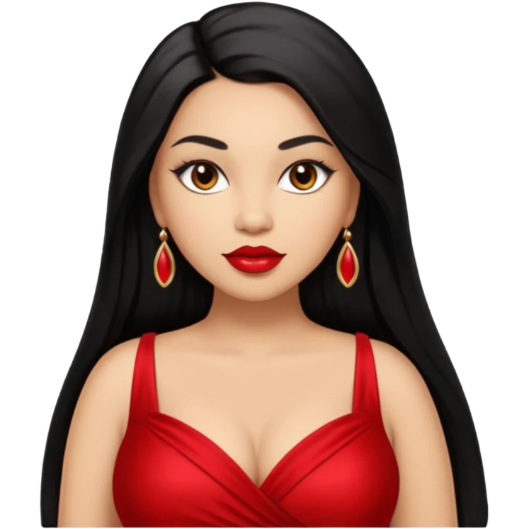 Light skin brown eyes glamorous full figured women black long straight hair red lips emoji