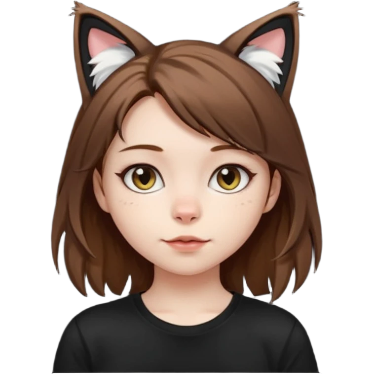 a girl with pale skin, shoulder lengh brown hair with lots of dandruff , cat ears and a tail, with a black t-shirt on emoji