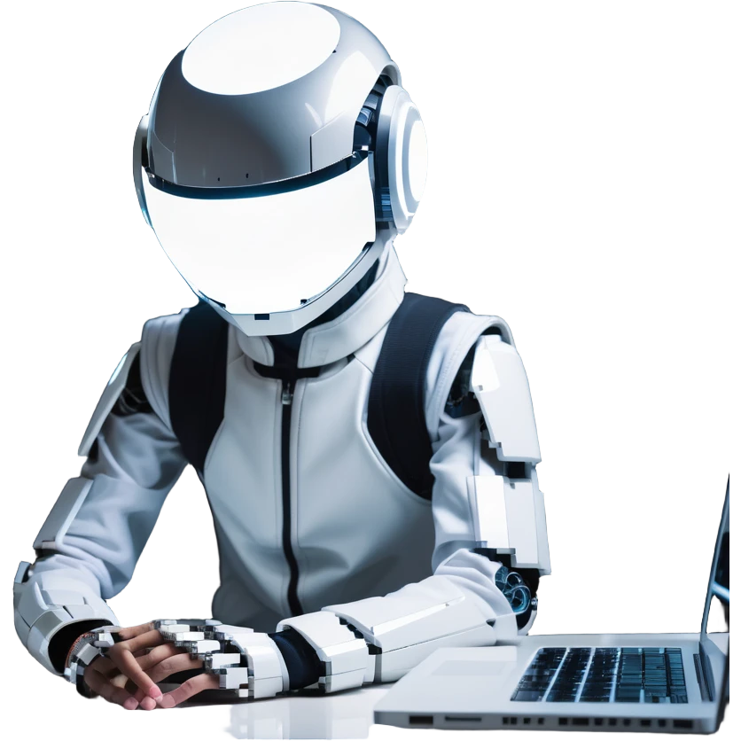 futuristic tech boy wearing a sleek robot helmet with a glowing white circle light in the center, sitting in front of an advanced high-tech laptop, neon-lit cyberpunk room with holographic displays and gadgets, focused posture, soft reflections on helmet, mysterious atmosphere emoji