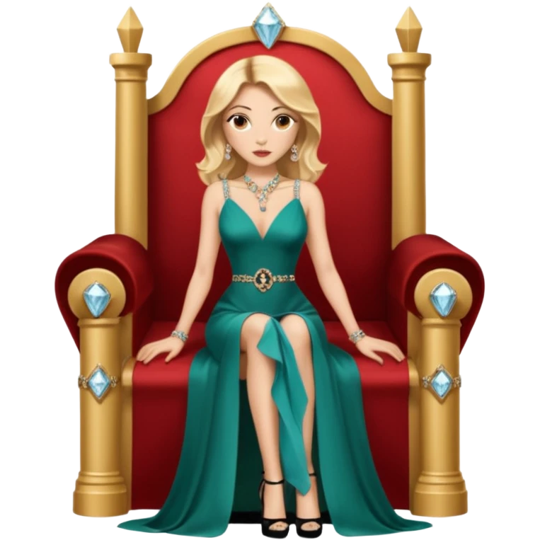 Lilith symbol light brown eyes. Woman of justice and power. Shoulder  length blonde haired  woman with Gucci, and designer bags next to her. Wearing long elegant dress with slit, sitting on a throne and diamonds everywhere around her. Black Platform high heels on feet. designer bags around her.  emoji
