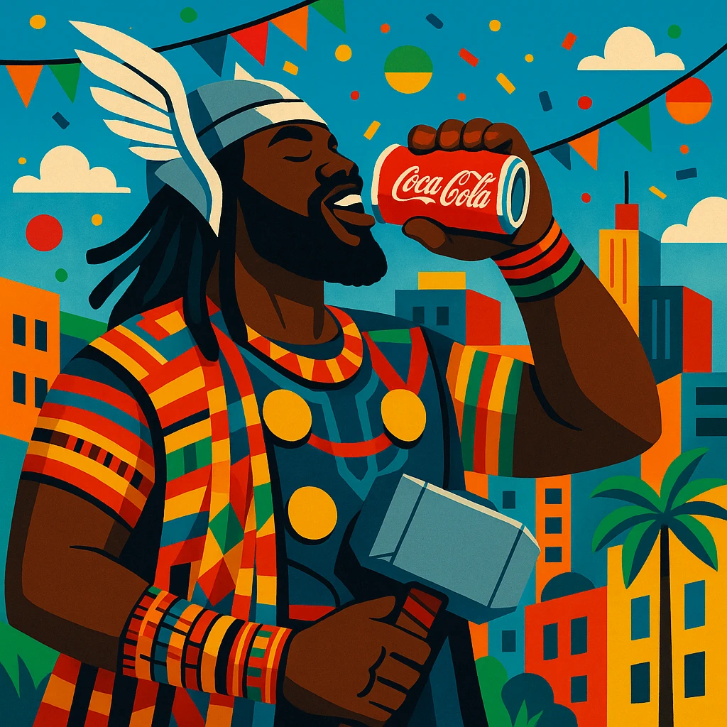 Thor with dark skin, in African attire, drinking Coca Cola, vibrant scene, colorful, festive atmosphere, modern African city backdrop emoji