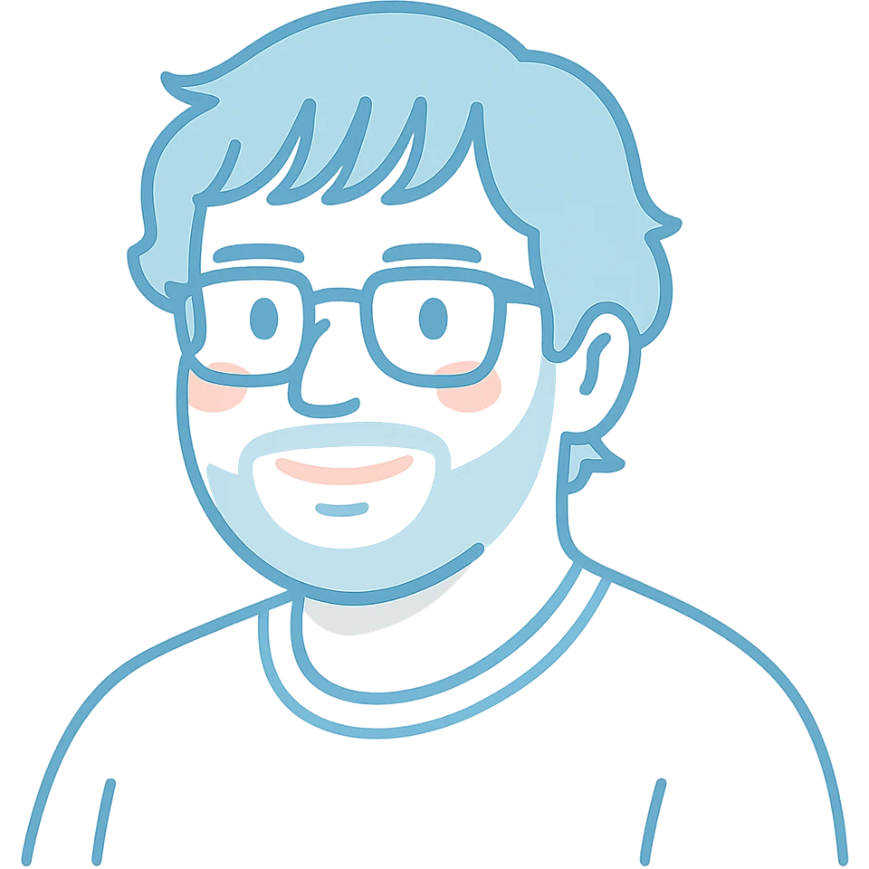 A man with glasses, stylishly messy longer hair with cool well-defined bangs, a naturally round face shape, and a broader nose. Use faded light blue colors for the main outlines, pink highlights for accents, and gray for the short beard and shadow details. emoji