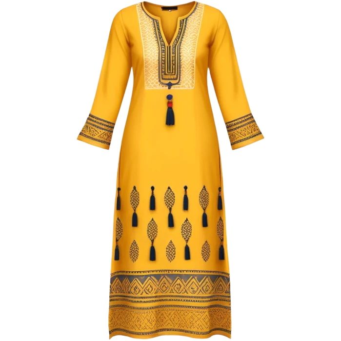 Long yellow kurti with block prints and tassels emoji