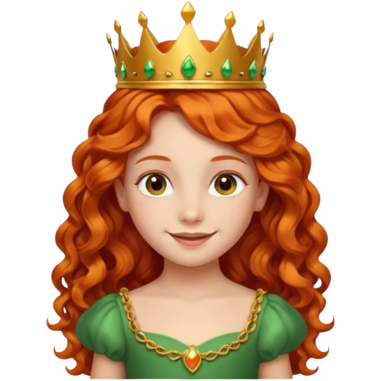 girl kid, Princess with long curly red orange hair, green dress, small crown emoji