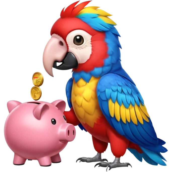 Macaw putting a coin into piggy bank with its beak emoji